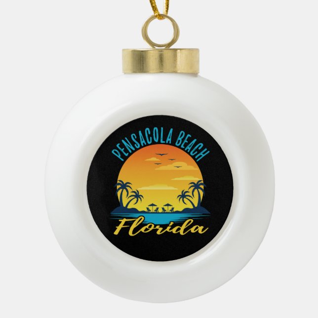 Pensacola Beach Florida Palm Trees Beach Ceramic Ball Christmas Ornament (Front)