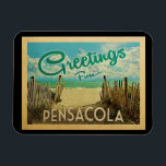 Pensacola Beach Vintage Travel Magnet<br><div class="desc">This Greetings From Pensacola vintage postcard design features a sandy beach with a beautiful turquoise ocean water and above the sea,  a blue sky with billowy white clouds. In vintage travels style.</div>