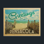 Pensacola Beach Vintage Travel Postcard<br><div class="desc">This Greetings From Pensacola vintage postcard design features a sandy beach with a beautiful turquoise ocean water and above the sea,  a blue sky with billowy white clouds. In vintage travels style.</div>
