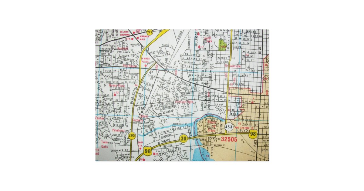 PENSACOLA, FL Vintage Map Postcard