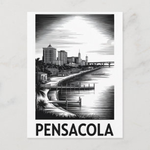Pensacola Florida Skyline Black White Woodcut Holiday Postcard