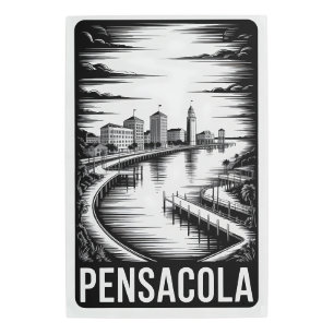 Pensacola Florida Skyline Black White Woodcut Metal Print