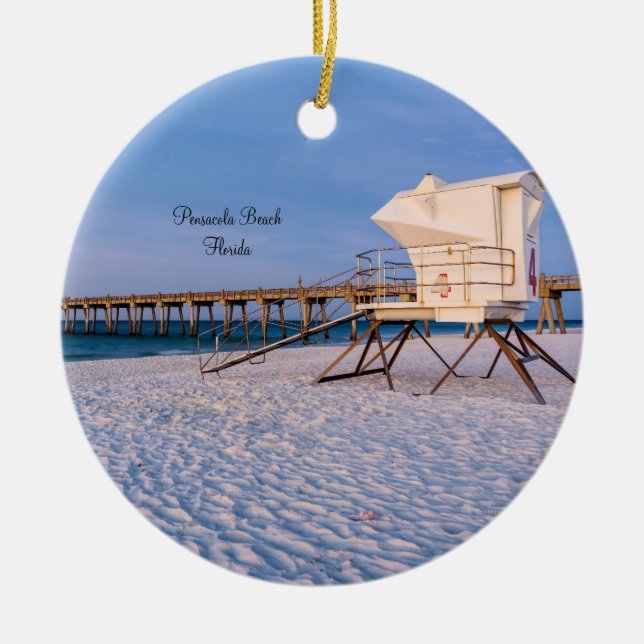 Pensacola Morning Lifeguard Stand And Pier Ceramic Ornament (Front)