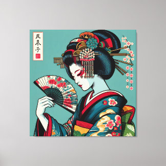 Pensive Geisha with Fan in Ukiyo-e Art Canvas Print