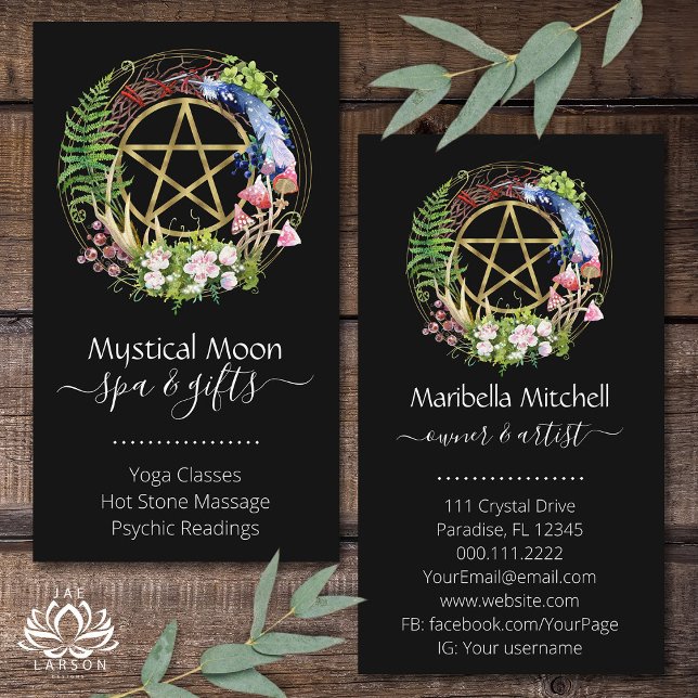 Pentacle Nature Wreath Flowers Boho Black Business Card (Creator Uploaded)