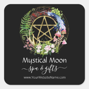 Pentacle Nature Wreath Flowers Boho Black Business Square Sticker