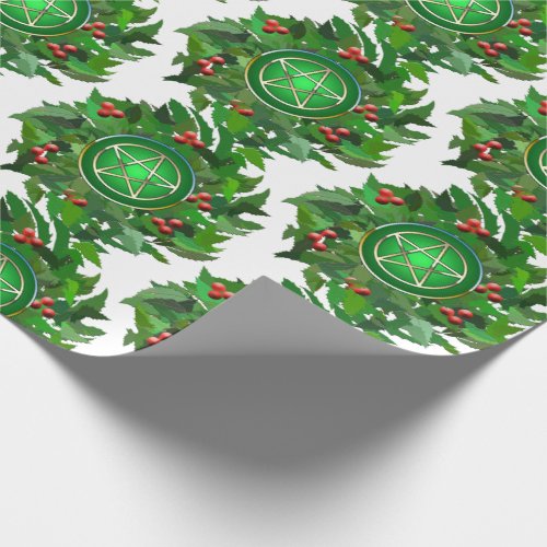 Pentacle on Holly Wreath Wrapping Paper