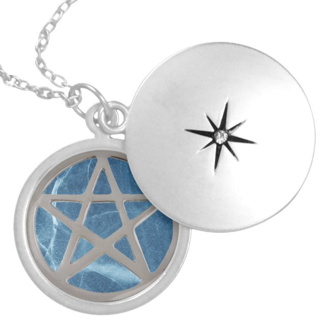 Pentacle/Pentagram Pagan/Witch Blue Marble Locket Necklace (Front)