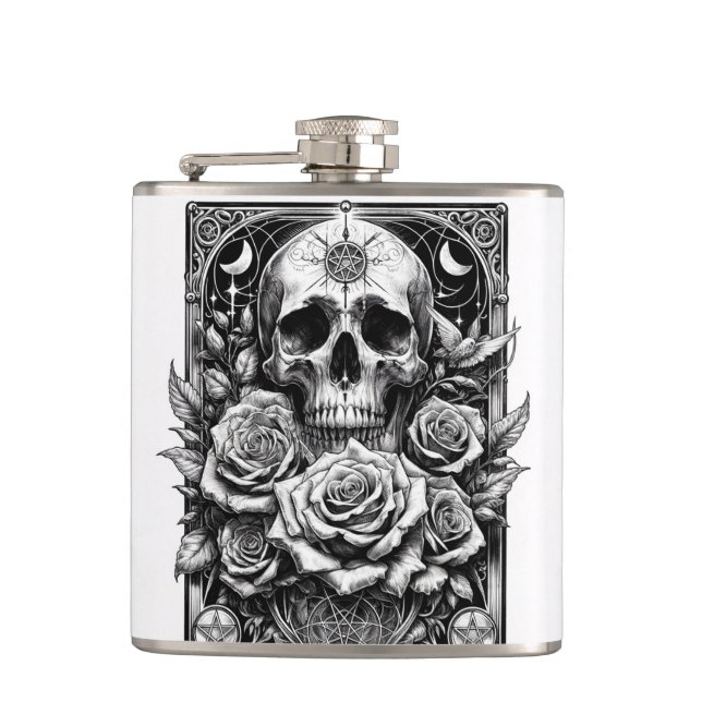 Pentacle Skeleton Skull & Roses Tarot Art Flask (Front)