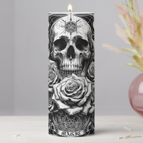 Pentacle Skeleton Skull  Roses Tarot Art Pillar Candle