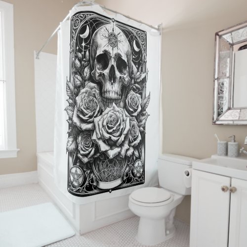 Pentacle Skeleton Skull  Roses Tarot Art Shower Curtain