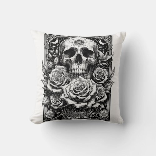 Pentacle Skeleton Skull  Roses Tarot Art Throw Pillow