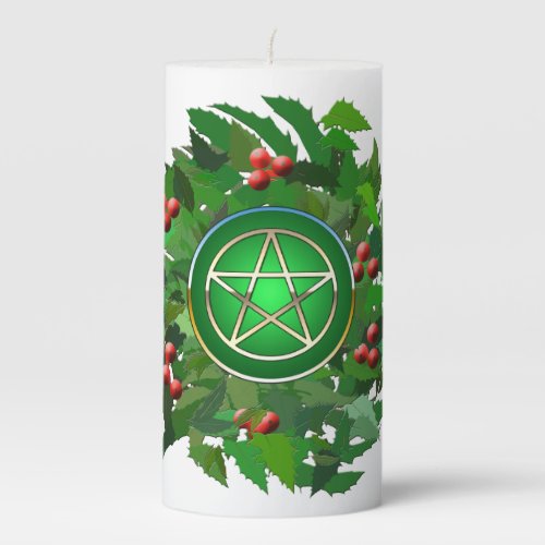Pentacle with Holly Wreath Pillar Candle
