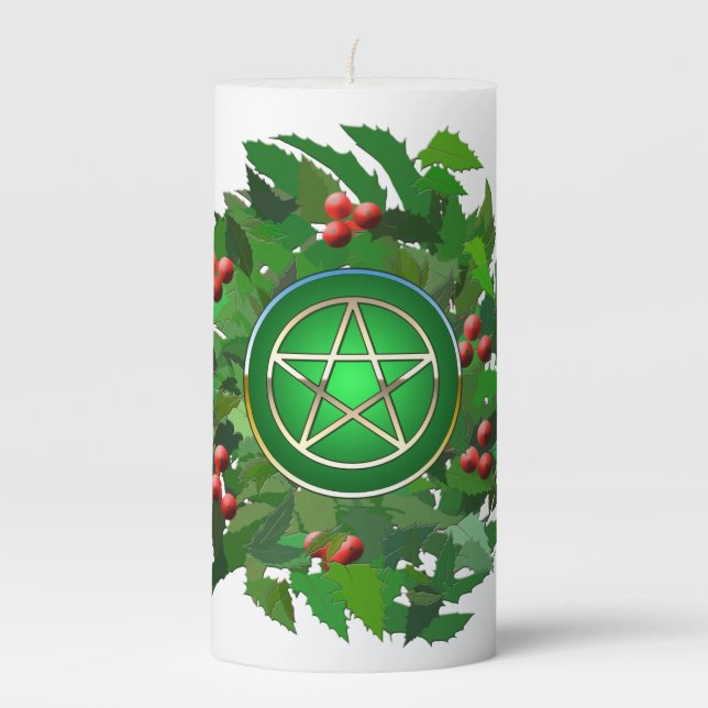 Pentacle with Holly Wreath Pillar Candle (Front)