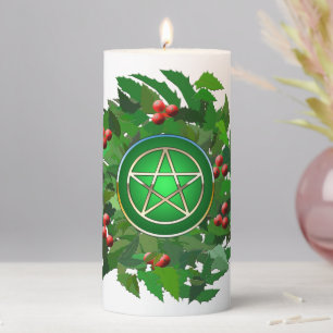 Pentacle with Holly Wreath Pillar Candle