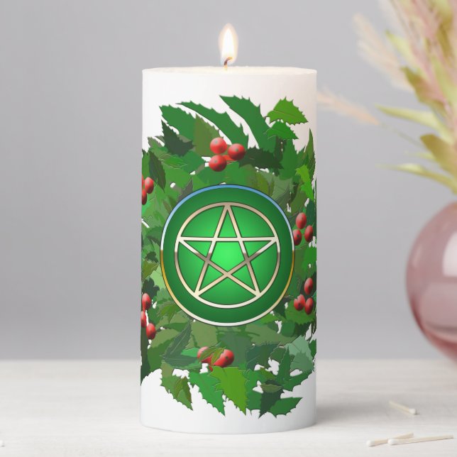 Pentacle with Holly Wreath Pillar Candle (In Situ)