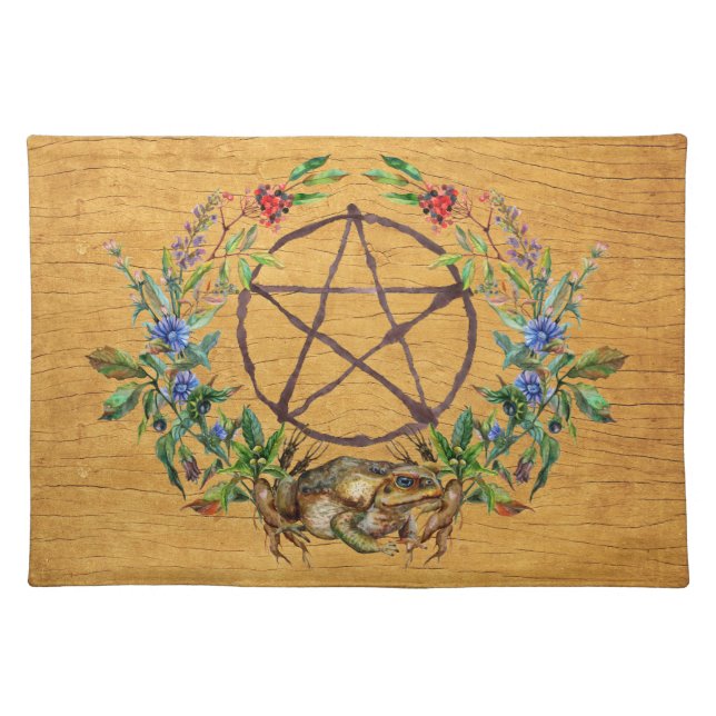 Pentacle Within Herbal Wreath On Wood Cloth Placemat (Front)