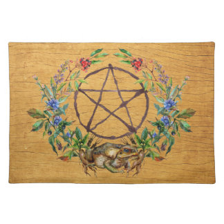 Pentacle Within Herbal Wreath On Wood Cloth Placemat