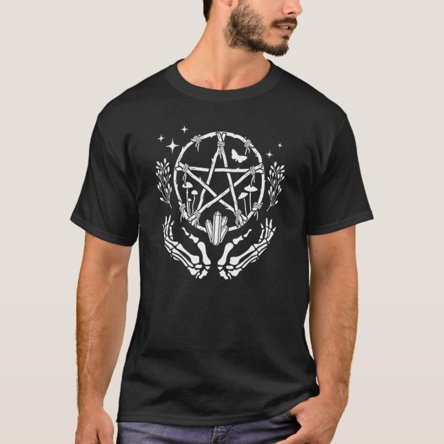 Pentacle Wreath With Skeleton Hands Crystals and M T-Shirt (Front)