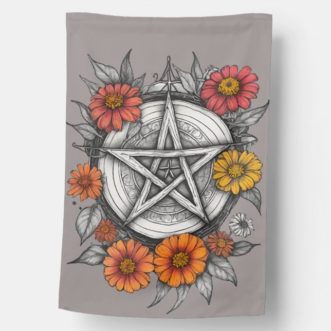 Pentacle zinnia flowers art flower pagan           house flag (Front)