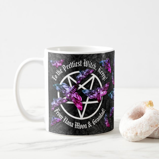 Pentagram and Death Head Hawk Moths Birthday Mug (With Donut)