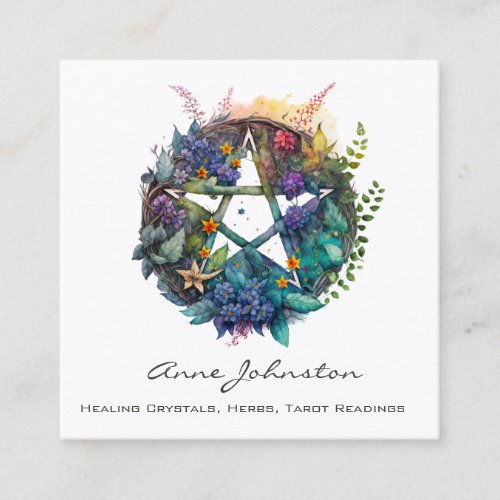Pentagram and Floral Wreath Square Business Card