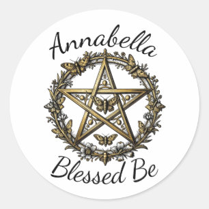 Pentagram and Moth Witchy Art Custom Name Classic Round Sticker