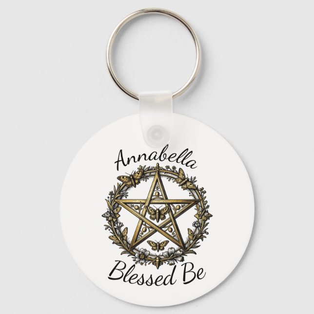 Pentagram and Moth Witchy Art Custom Name Keychain (Front)