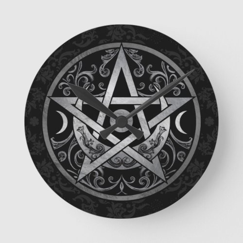 Pentagram Ornament _ Silver and Black Round Clock