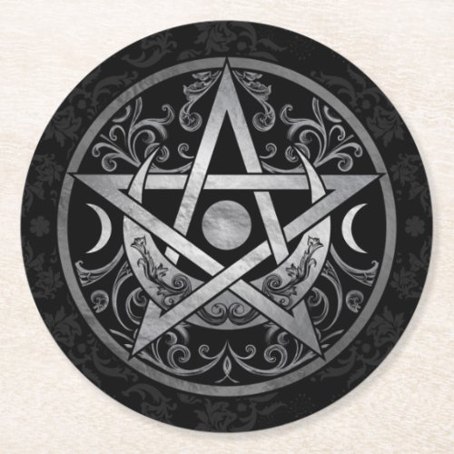 Pentagram Ornament _ Silver and Black Round Paper Coaster