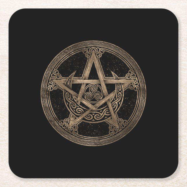Pentagram Triskelion Moon Ornament Square Paper Coaster (Front)