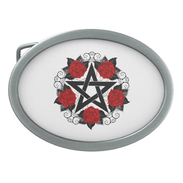 Pentagram with Red Roses Belt Buckle (Front)