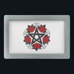 Pentagram with Red Roses Belt Buckle<br><div class="desc">Black pentagram with pattern,  decorated with blooming,  red roses with leaves on white background. Tattoo style.</div>