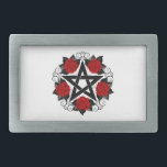 Pentagram with Red Roses Belt Buckle<br><div class="desc">Black pentagram with pattern,  decorated with blooming,  red roses with leaves on white background. Tattoo style.</div>