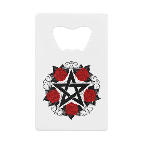 Pentagram with Red Roses Credit Card Bottle Opener