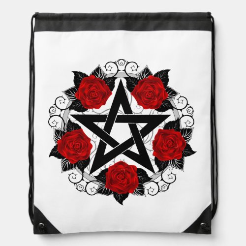 Pentagram with Red Roses Drawstring Bag