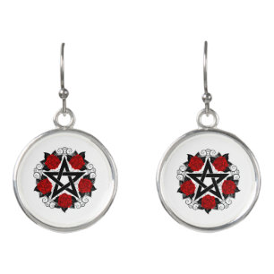 Pentagram with Red Roses Earrings