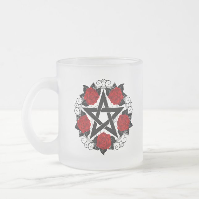 Pentagram with Red Roses Frosted Glass Coffee Mug (Left)
