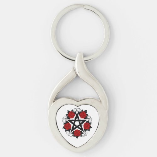 Pentagram with Red Roses Keychain