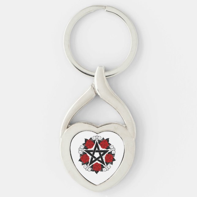 Pentagram with Red Roses Keychain (Front)