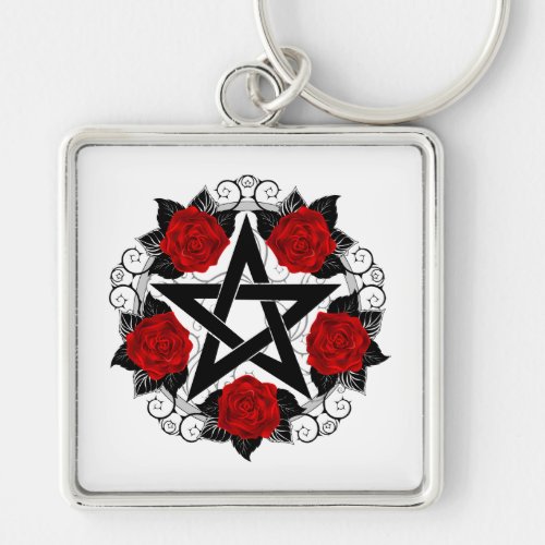 Pentagram with Red Roses Keychain