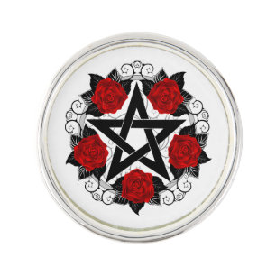 Pentagram with Red Roses Lapel Pin
