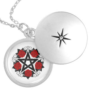 Pentagram with Red Roses Locket Necklace