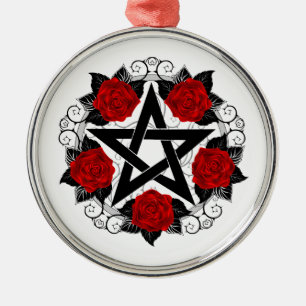 Pentagram with Red Roses Metal Ornament
