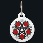Pentagram with Red Roses Pet ID Tag<br><div class="desc">Black pentagram with pattern, decorated with blooming, red roses with leaves on white background. Tattoo style.</div>