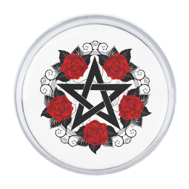 Pentagram with Red Roses Silver Finish Lapel Pin (Front)