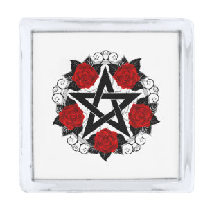 Pentagram with Red Roses Silver Finish Lapel Pin