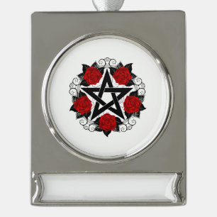 Pentagram with Red Roses Silver Plated Banner Ornament