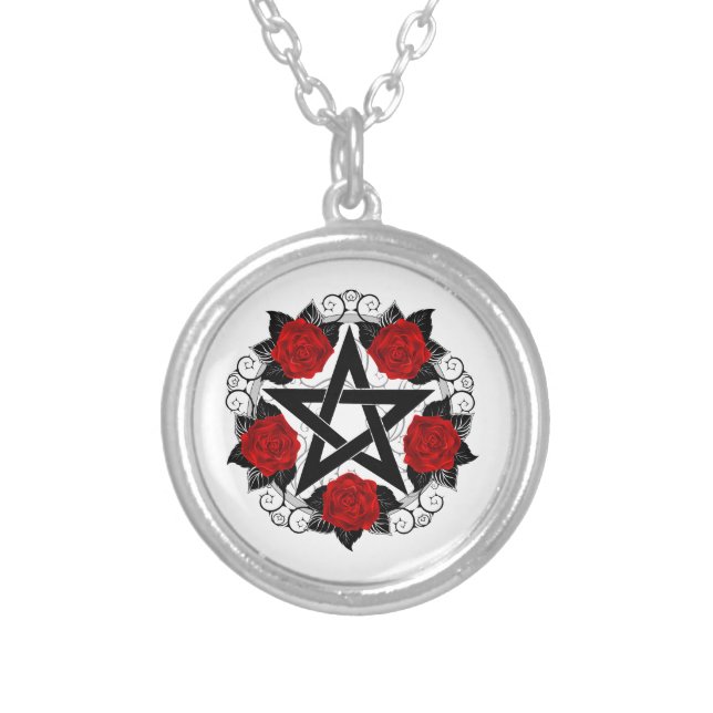 Pentagram with Red Roses Silver Plated Necklace (Front)