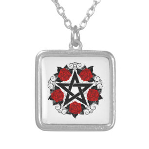 Pentagram with Red Roses Silver Plated Necklace